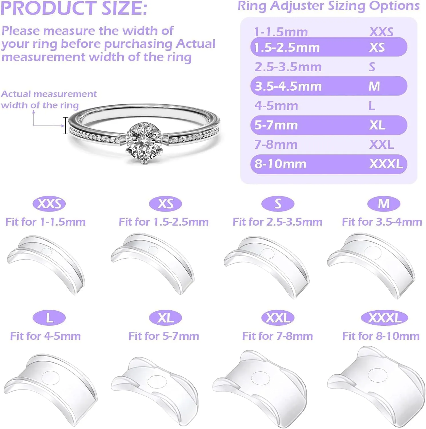 100 Pcs Ring Sizer Adjuster for Loose Rings with Ring Size Measuring Tool, Plug-in Invisible Ring Guards Silicone Tightener EVA Foam Ring Size Adjuster Set with Polishing Cloth