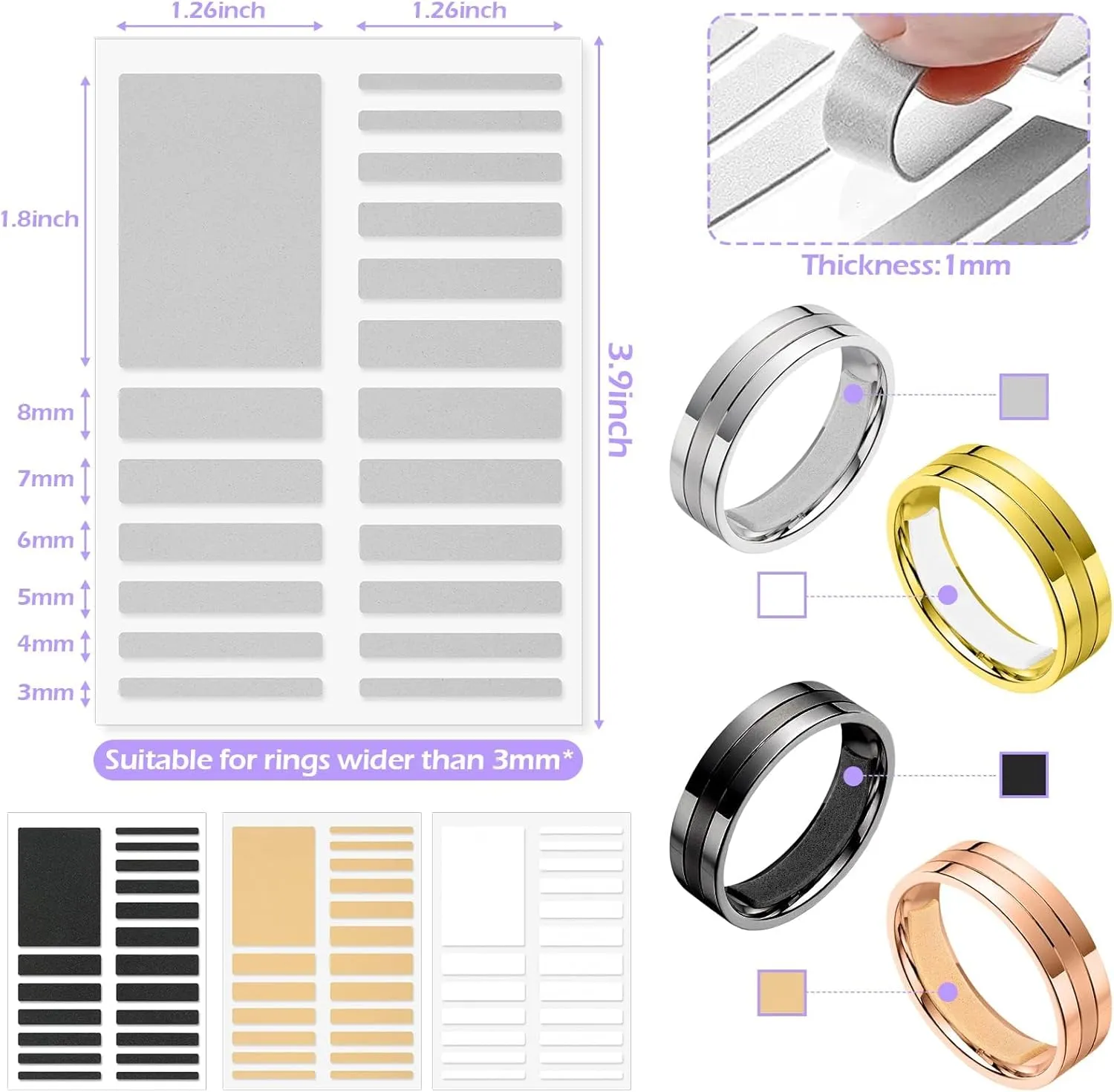 100 Pcs Ring Sizer Adjuster for Loose Rings with Ring Size Measuring Tool, Plug-in Invisible Ring Guards Silicone Tightener EVA Foam Ring Size Adjuster Set with Polishing Cloth