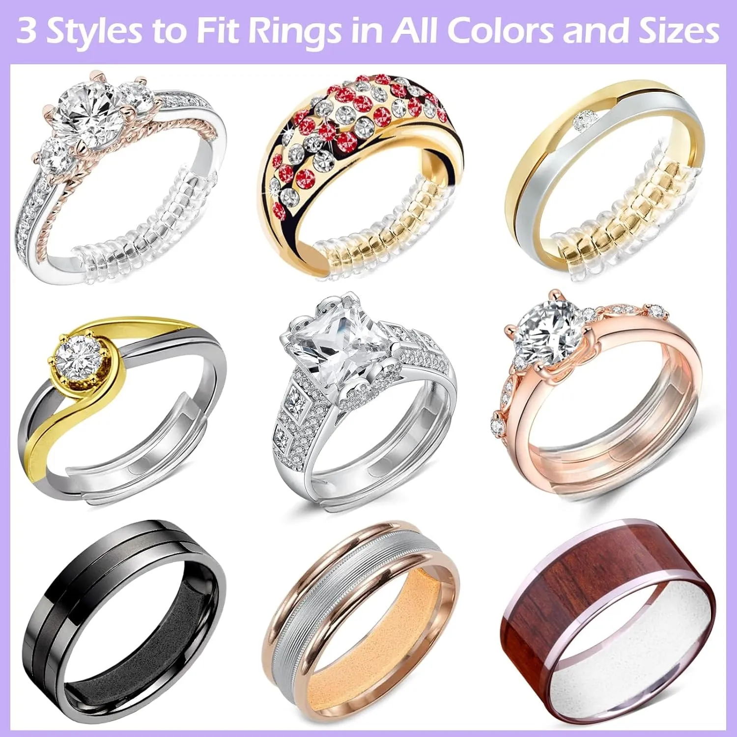 100 Pcs Ring Sizer Adjuster for Loose Rings with Ring Size Measuring Tool, Plug-in Invisible Ring Guards Silicone Tightener EVA Foam Ring Size Adjuster Set with Polishing Cloth