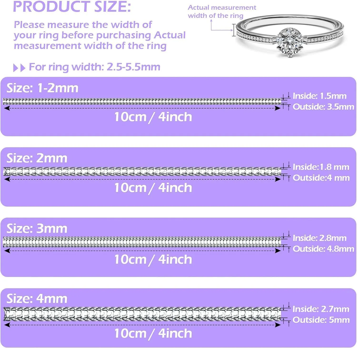 100 Pcs Ring Sizer Adjuster for Loose Rings with Ring Size Measuring Tool, Plug-in Invisible Ring Guards Silicone Tightener EVA Foam Ring Size Adjuster Set with Polishing Cloth