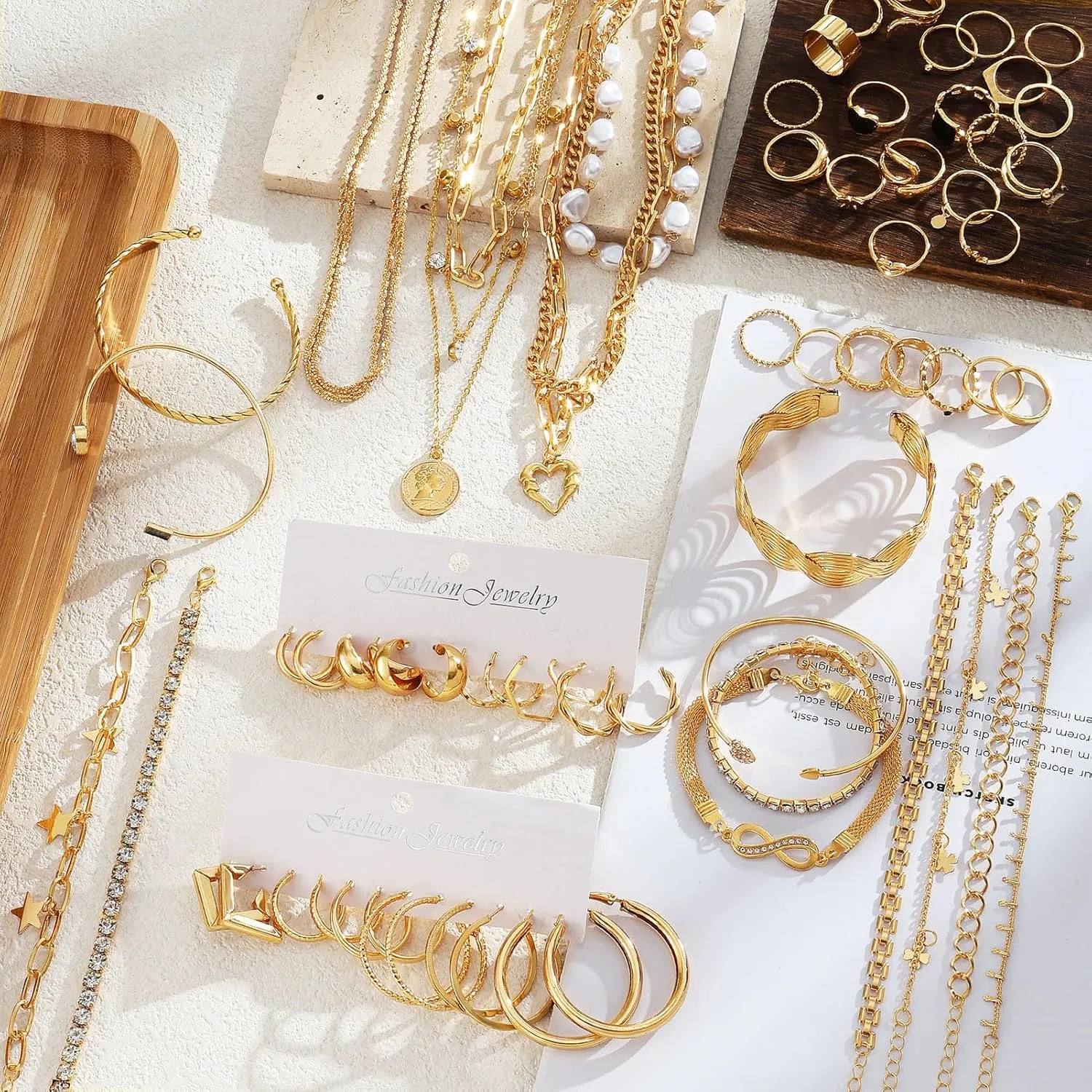 17IF 38-59 Pcs(9-8 Pack) Gold Plated Jewelry Set for Women With 8 Necklace 12 Bracelet 27 Ring 12 Pair Earring Hoop Simple Sparkle for Happy