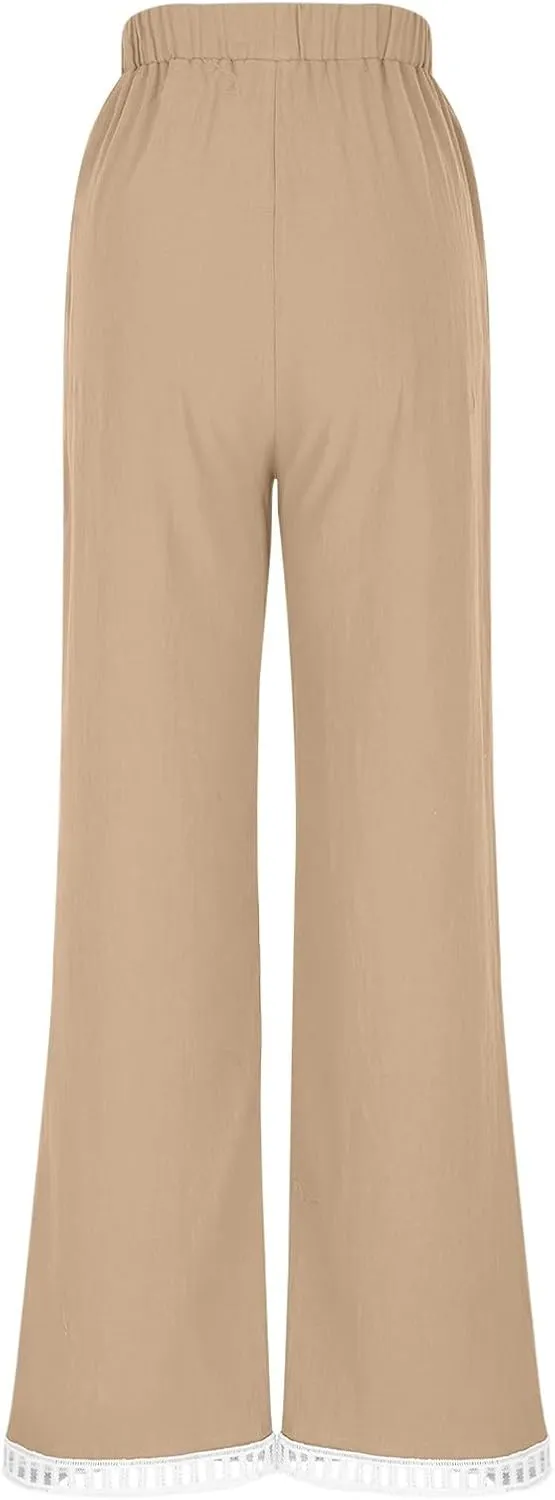 2025 Womens Capri Lace Linen Pants, Casual Summer Drawstring Elastic High Waist Pant Straight Cropped Trouser