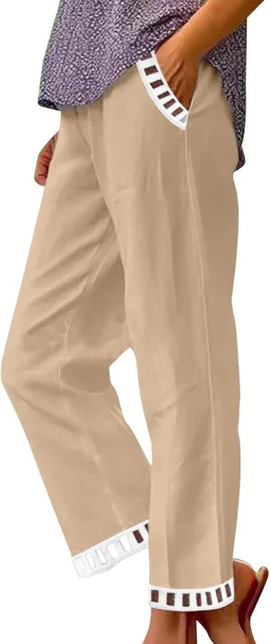 2025 Womens Capri Lace Linen Pants, Casual Summer Drawstring Elastic High Waist Pant Straight Cropped Trouser