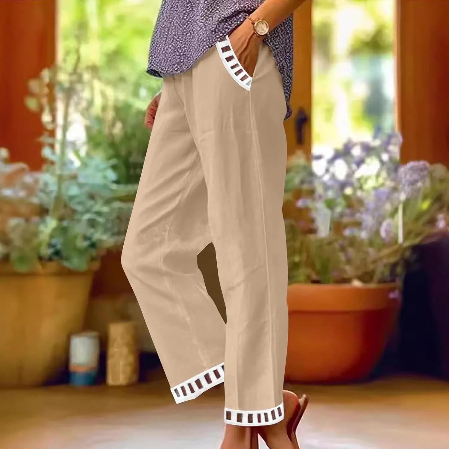 2025 Womens Capri Lace Linen Pants, Casual Summer Drawstring Elastic High Waist Pant Straight Cropped Trouser