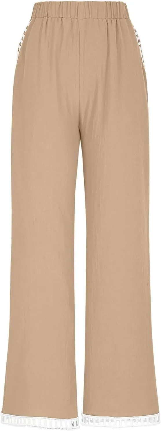 2025 Womens Capri Lace Linen Pants, Casual Summer Drawstring Elastic High Waist Pant Straight Cropped Trouser