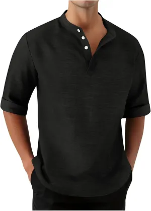 3/4 Length Sleeve Mens Shirts Casual Stylish V Neck Button Up Cotton Linen Henley Shirt Summer Beach Vacation Clothes