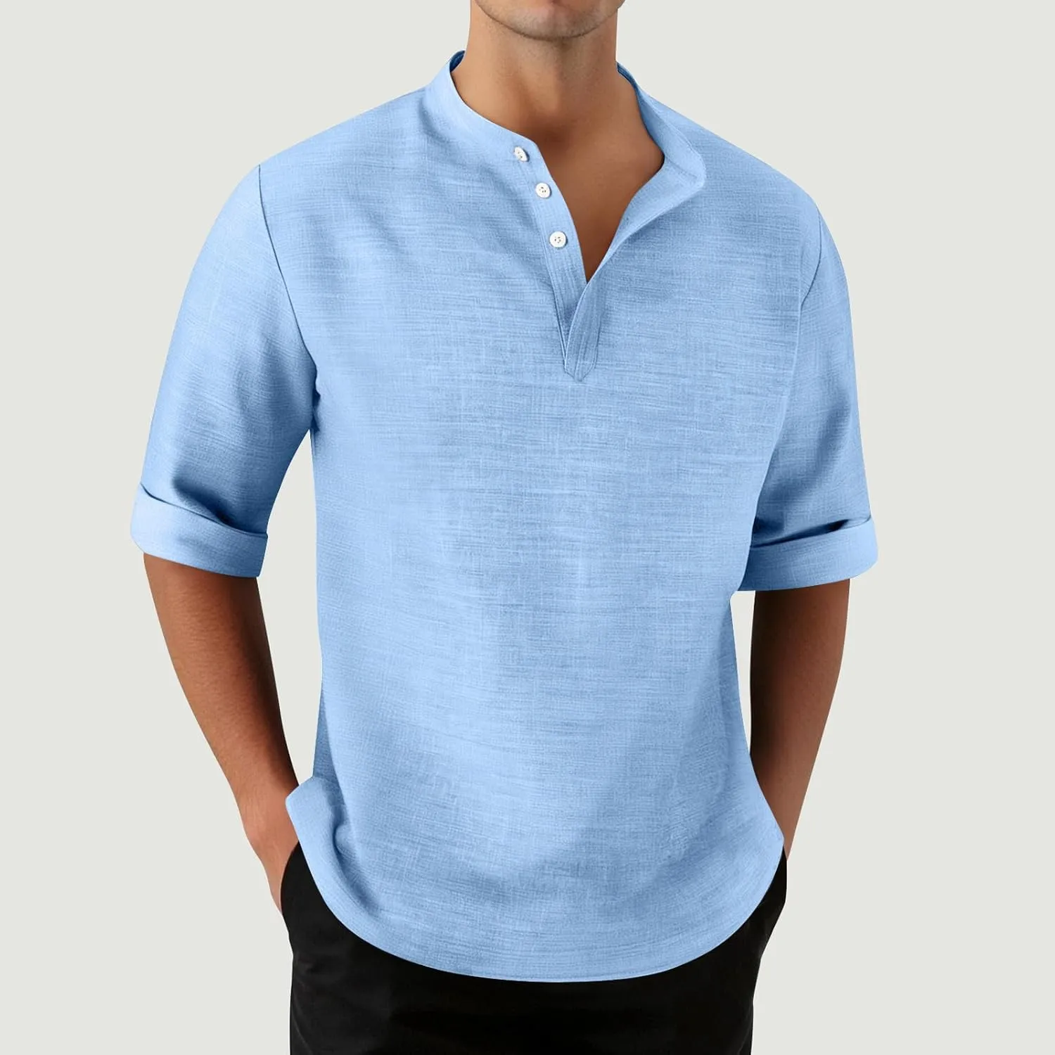 3/4 Length Sleeve Mens Shirts Casual Stylish V Neck Button Up Cotton Linen Henley Shirt Summer Beach Vacation Clothes
