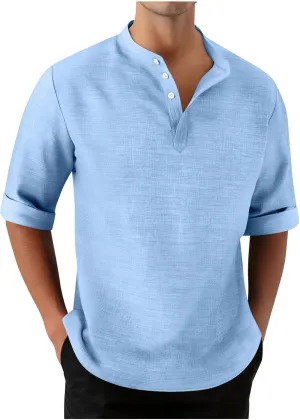 3/4 Length Sleeve Mens Shirts Casual Stylish V Neck Button Up Cotton Linen Henley Shirt Summer Beach Vacation Clothes