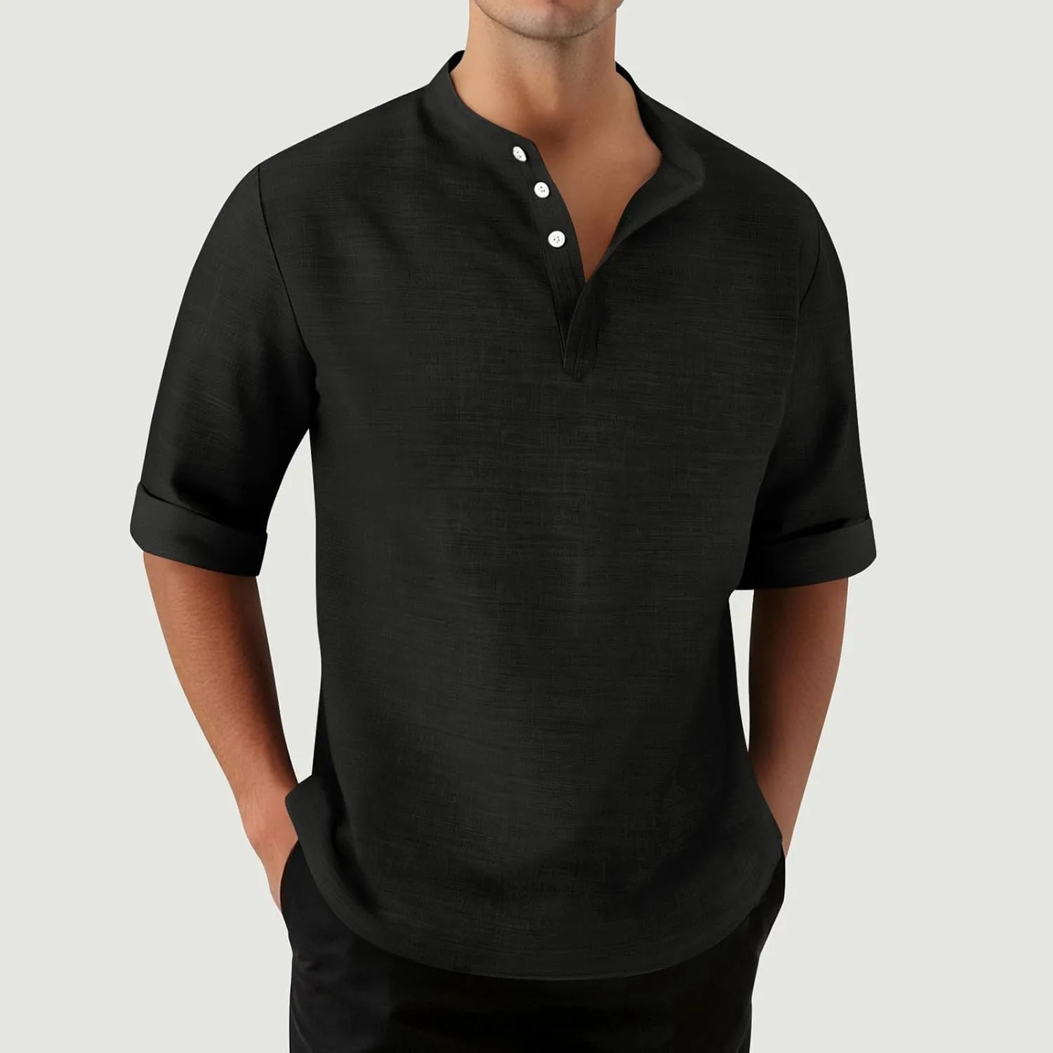 3/4 Length Sleeve Mens Shirts Casual Stylish V Neck Button Up Cotton Linen Henley Shirt Summer Beach Vacation Clothes