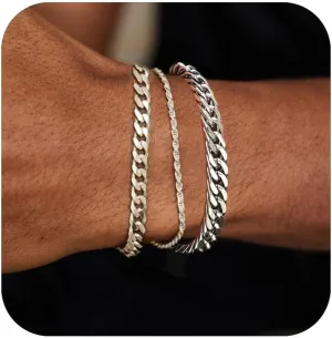 3Pcs Stainless Steel Mens Bracelet,Adjustable Sturdy Silver Cuban Chain Bracelet Set for Men