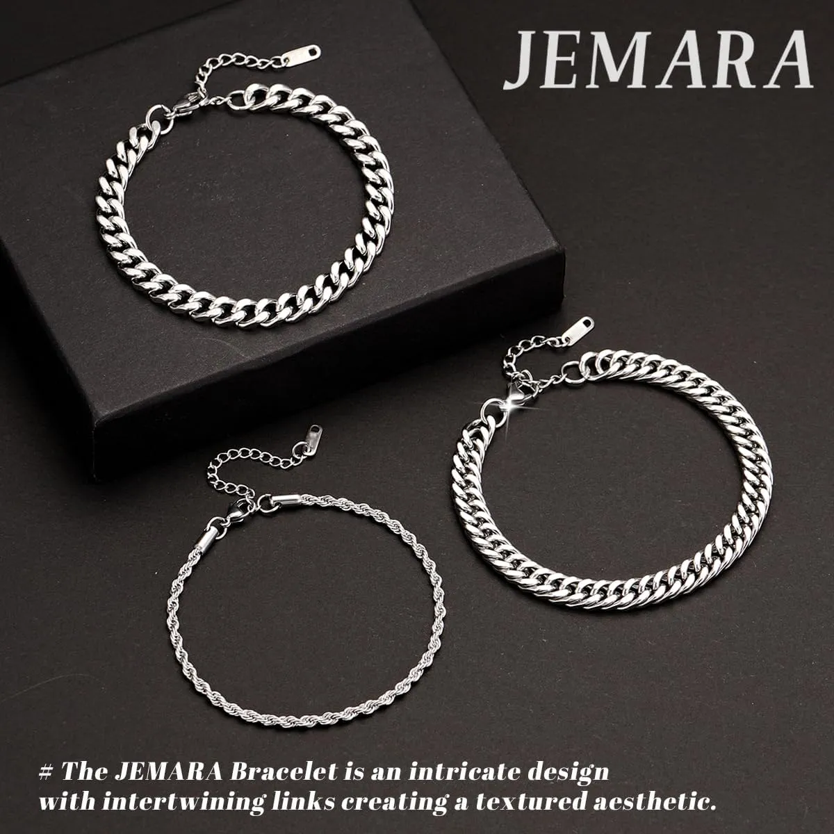 3Pcs Stainless Steel Mens Bracelet,Adjustable Sturdy Silver Cuban Chain Bracelet Set for Men