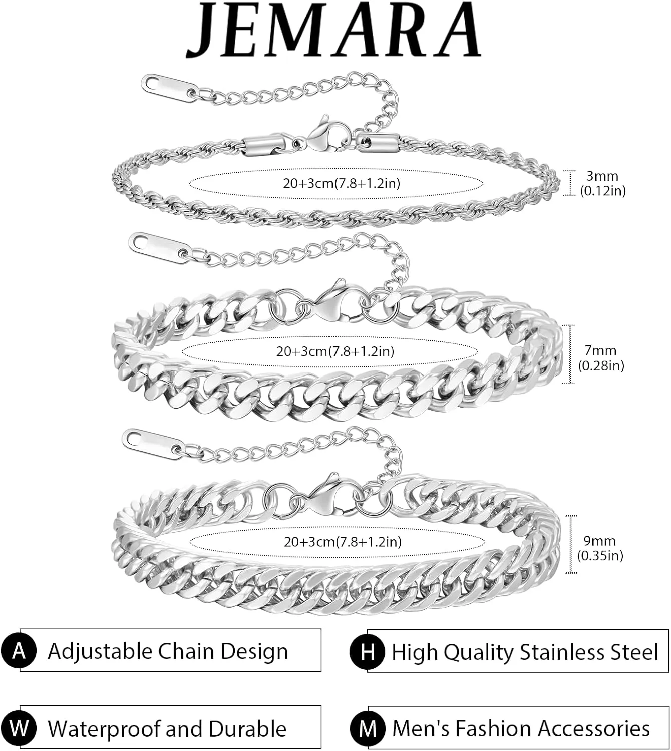 3Pcs Stainless Steel Mens Bracelet,Adjustable Sturdy Silver Cuban Chain Bracelet Set for Men
