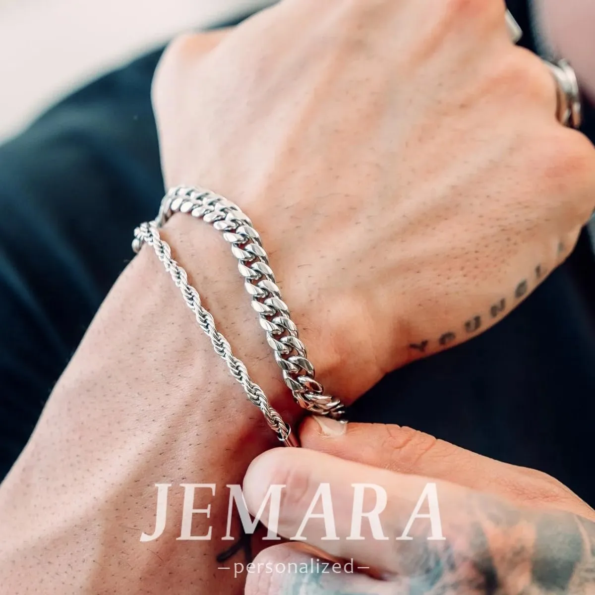 3Pcs Stainless Steel Mens Bracelet,Adjustable Sturdy Silver Cuban Chain Bracelet Set for Men
