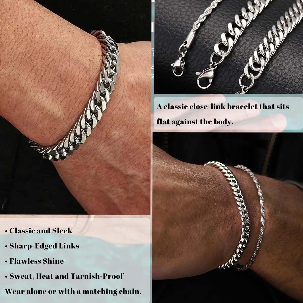 3Pcs Stainless Steel Mens Bracelet,Adjustable Sturdy Silver Cuban Chain Bracelet Set for Men
