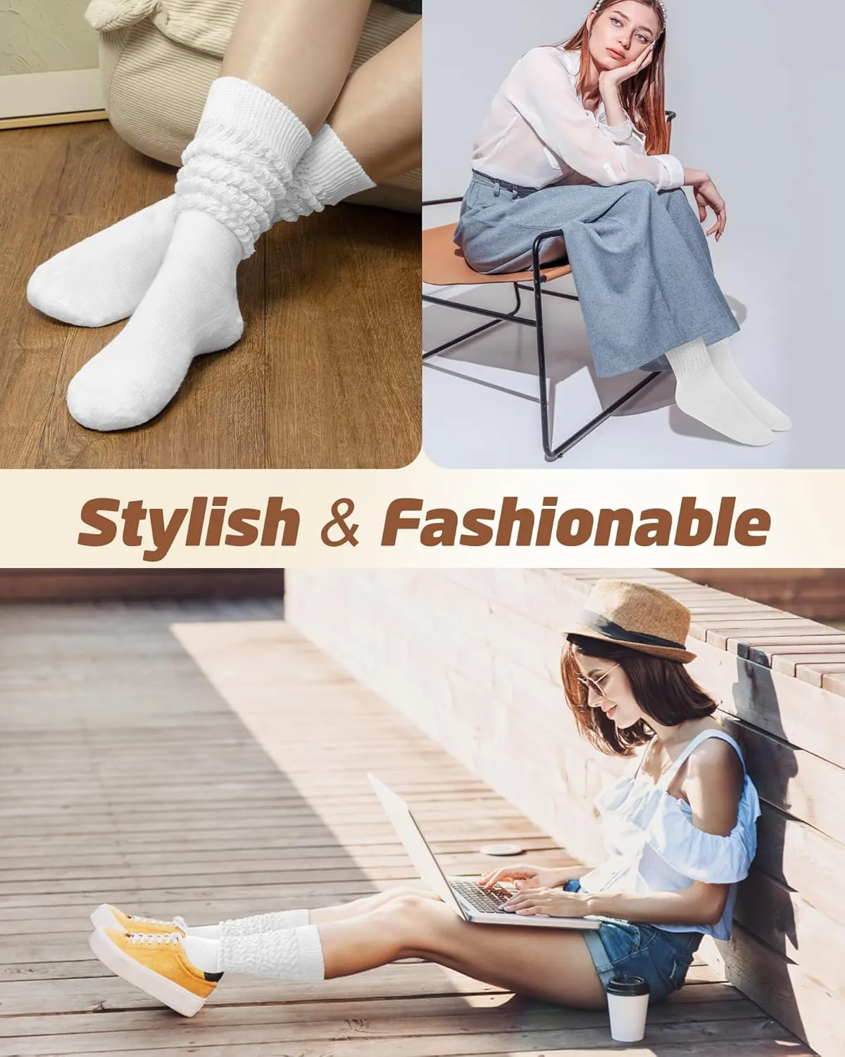 5 Pairs Slouch Socks for Women, Soft Cotton Long Scrunch Tube Stockings, Casual Crew Boot Thigh High Thick Knit Socks
