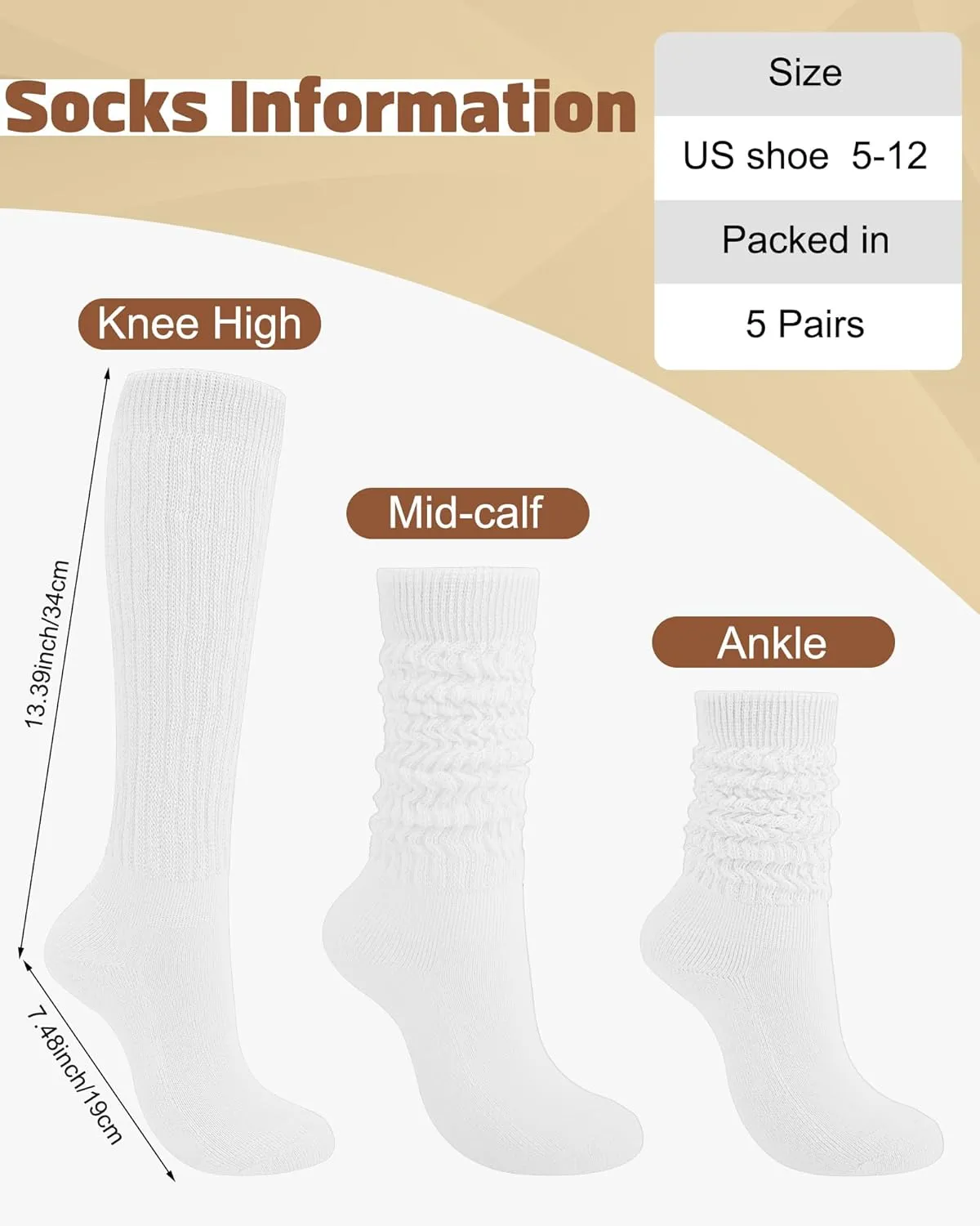 5 Pairs Slouch Socks for Women, Soft Cotton Long Scrunch Tube Stockings, Casual Crew Boot Thigh High Thick Knit Socks