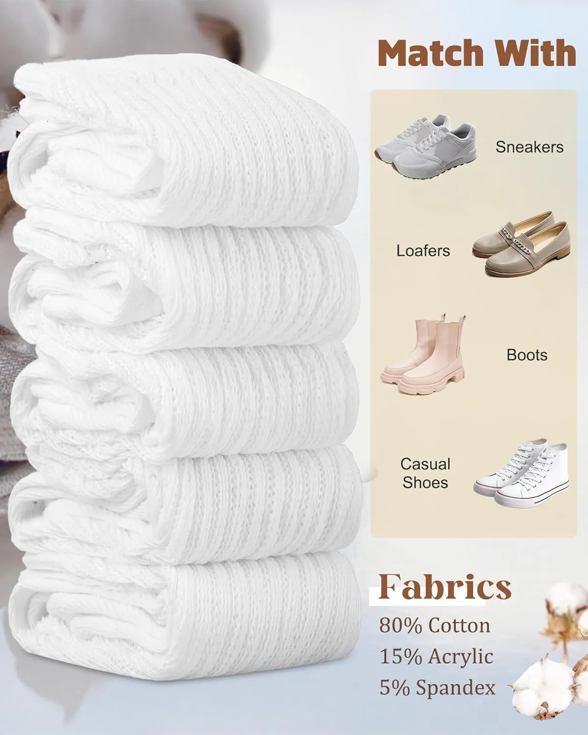 5 Pairs Slouch Socks for Women, Soft Cotton Long Scrunch Tube Stockings, Casual Crew Boot Thigh High Thick Knit Socks