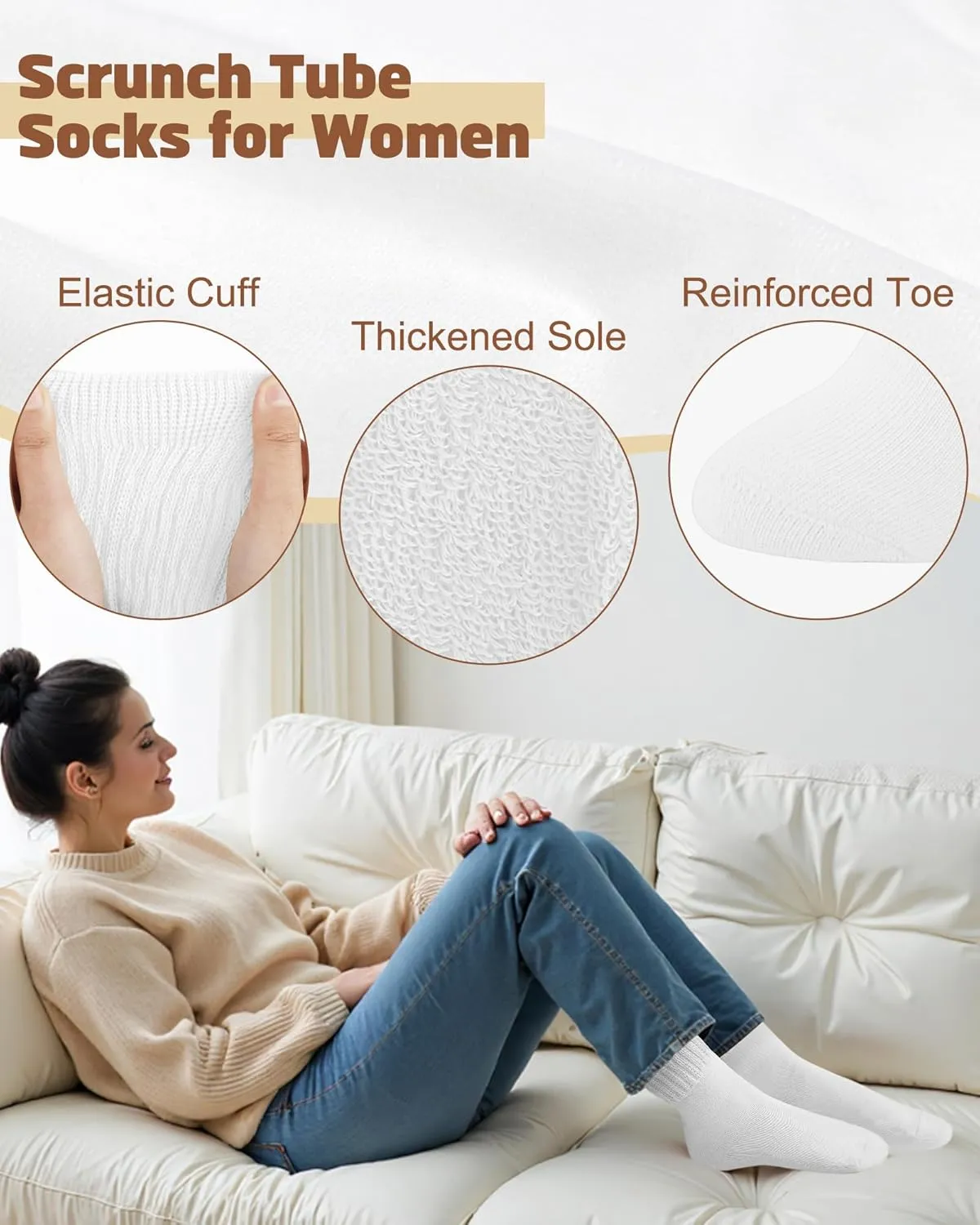 5 Pairs Slouch Socks for Women, Soft Cotton Long Scrunch Tube Stockings, Casual Crew Boot Thigh High Thick Knit Socks