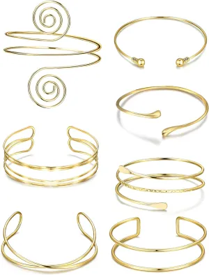 7 Pcs Arm Cuff Jewelry for Women Gold Upper Arm Bracelet Bangle Band Armlet Adjustable Armband Set