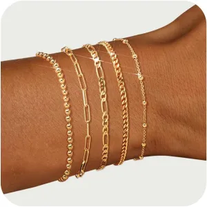 adoyi Gold Bracelets for Women, 14K Gold Plated Stackable Bracelet Stack Set Adjustable Charm Paperclip Chain Cuban Link Layered Waterproof Jewelry Sets Gifts for Womens 6.0/6.8/7.2"