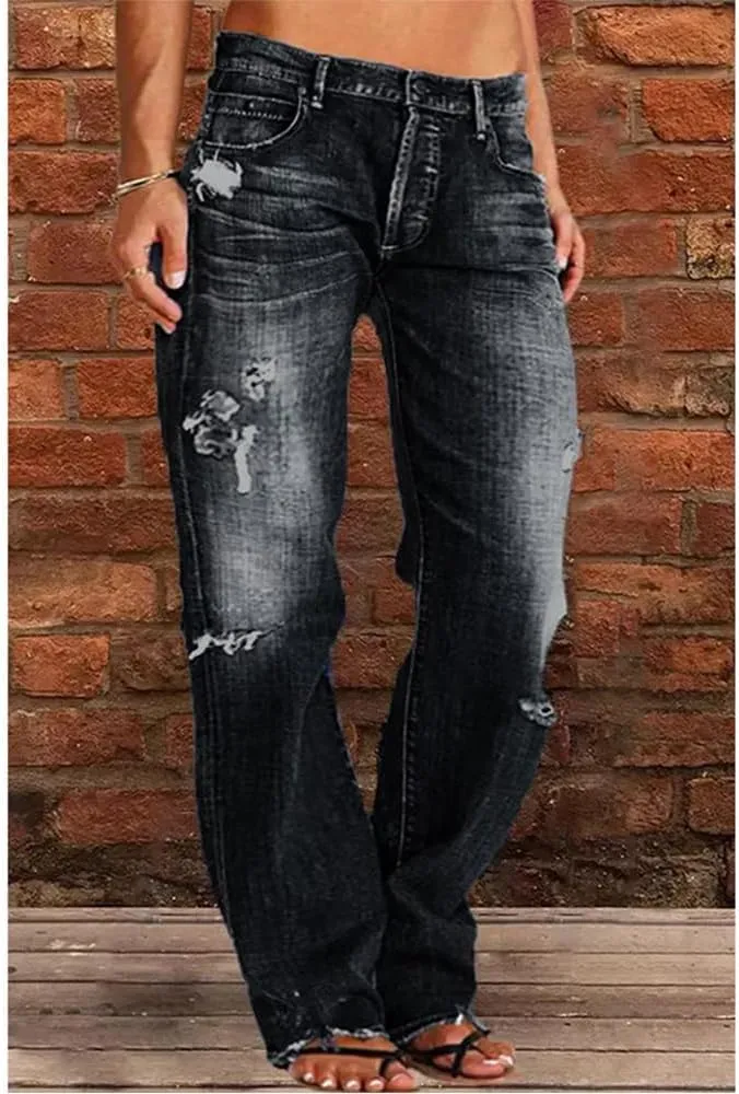 Akivide Women's Baggy Wide Leg Jeans Ripped Causal Loose Fit Boyfriend Distressed Straight Leg Ladies Denim Pants
