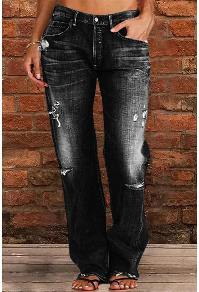 Akivide Women's Baggy Wide Leg Jeans Ripped Causal Loose Fit Boyfriend Distressed Straight Leg Ladies Denim Pants