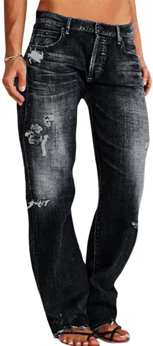 Akivide Women's Baggy Wide Leg Jeans Ripped Causal Loose Fit Boyfriend Distressed Straight Leg Ladies Denim Pants