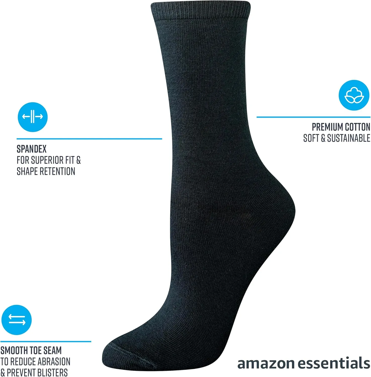 Amazon Essentials Women's Crew Socks, Cotton, 6 Pairs