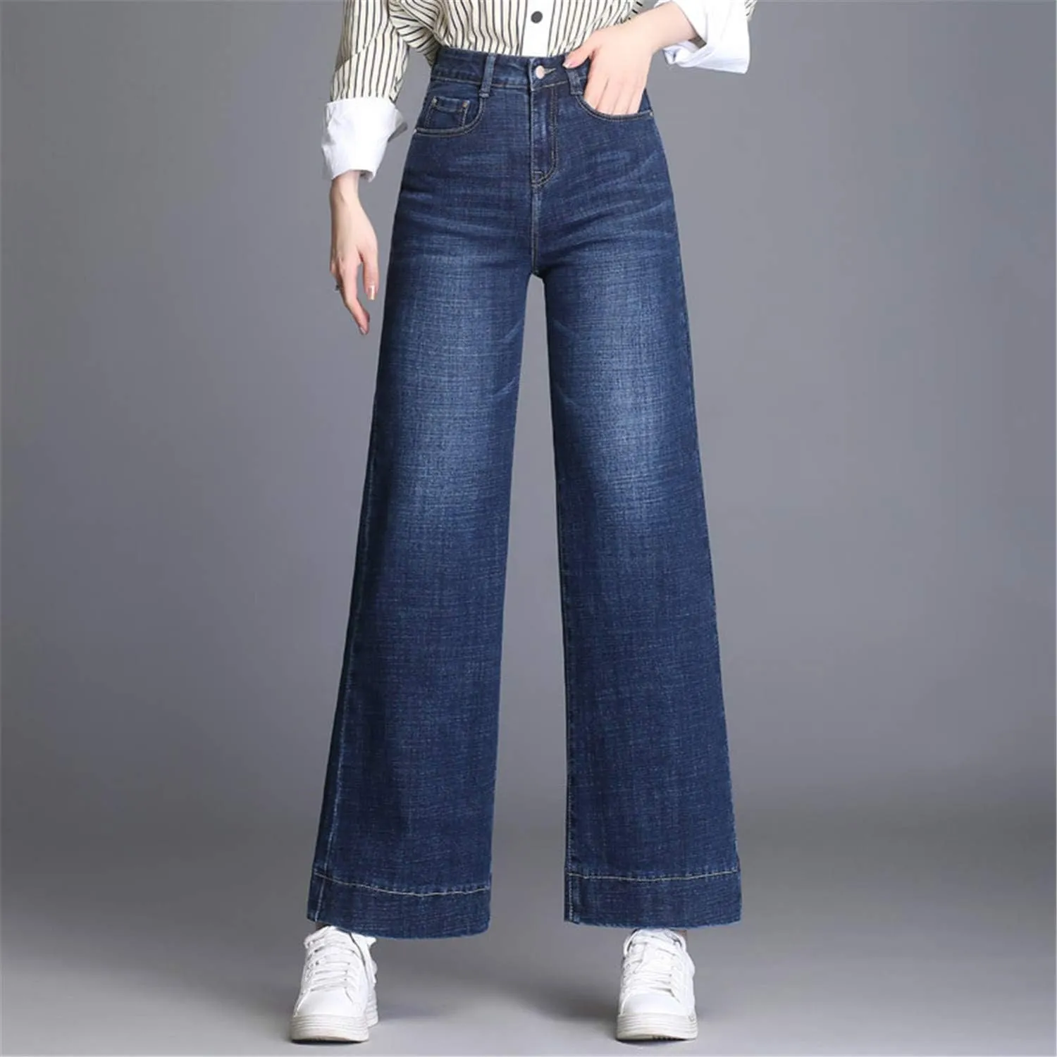 Andongnywell Ladies Loose Casual Stretch High Waist Straight Jeans Wide Leg Cropped Denim Pants Trousers
