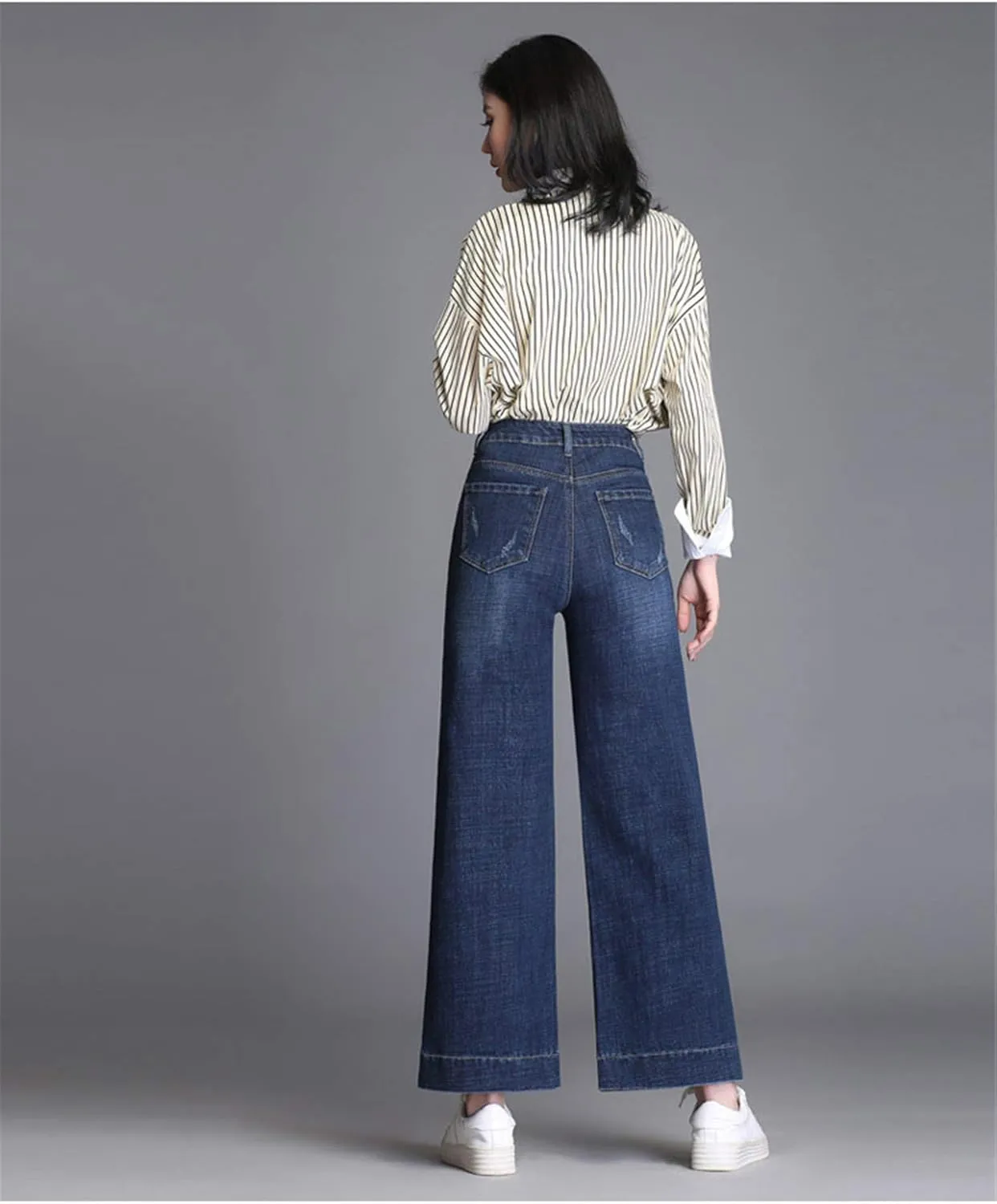 Andongnywell Ladies Loose Casual Stretch High Waist Straight Jeans Wide Leg Cropped Denim Pants Trousers