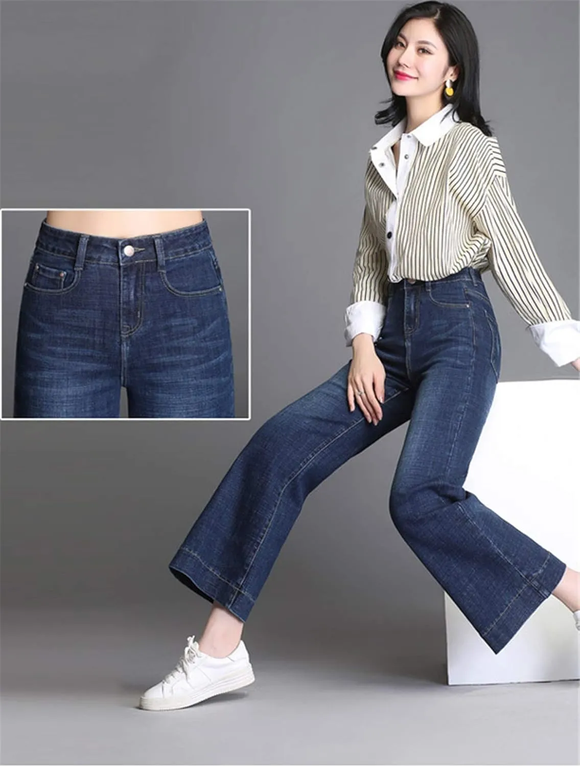 Andongnywell Ladies Loose Casual Stretch High Waist Straight Jeans Wide Leg Cropped Denim Pants Trousers