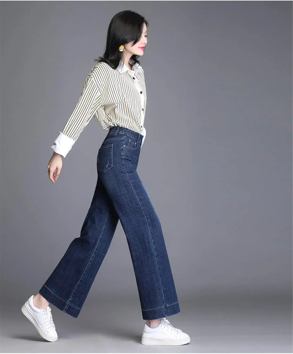 Andongnywell Ladies Loose Casual Stretch High Waist Straight Jeans Wide Leg Cropped Denim Pants Trousers