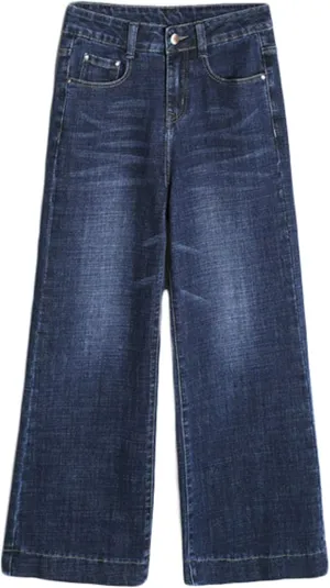 Andongnywell Ladies Loose Casual Stretch High Waist Straight Jeans Wide Leg Cropped Denim Pants Trousers