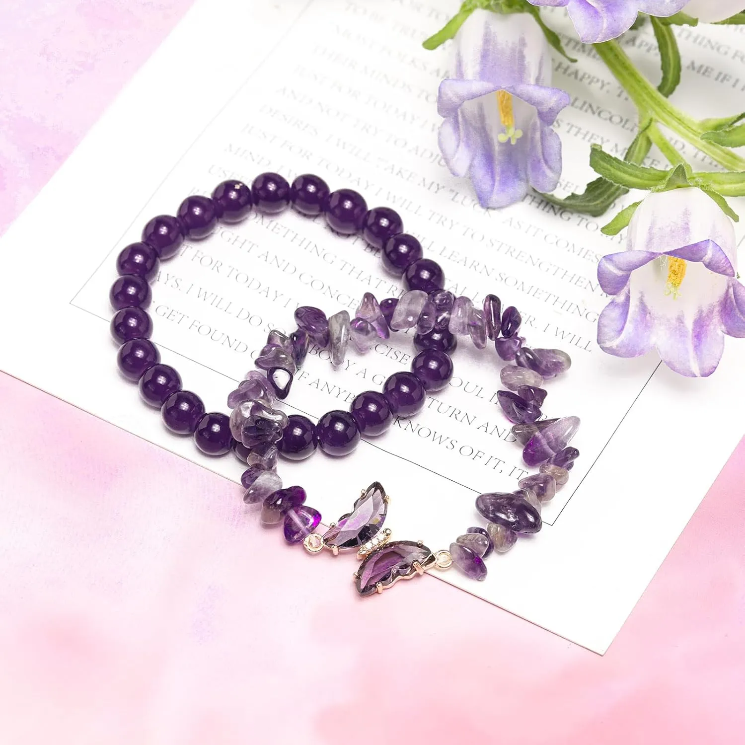 Artlunar Purple Butterfly Healing Bracelet, Gift Charm Jewelry with Beaded Bracelet for Women