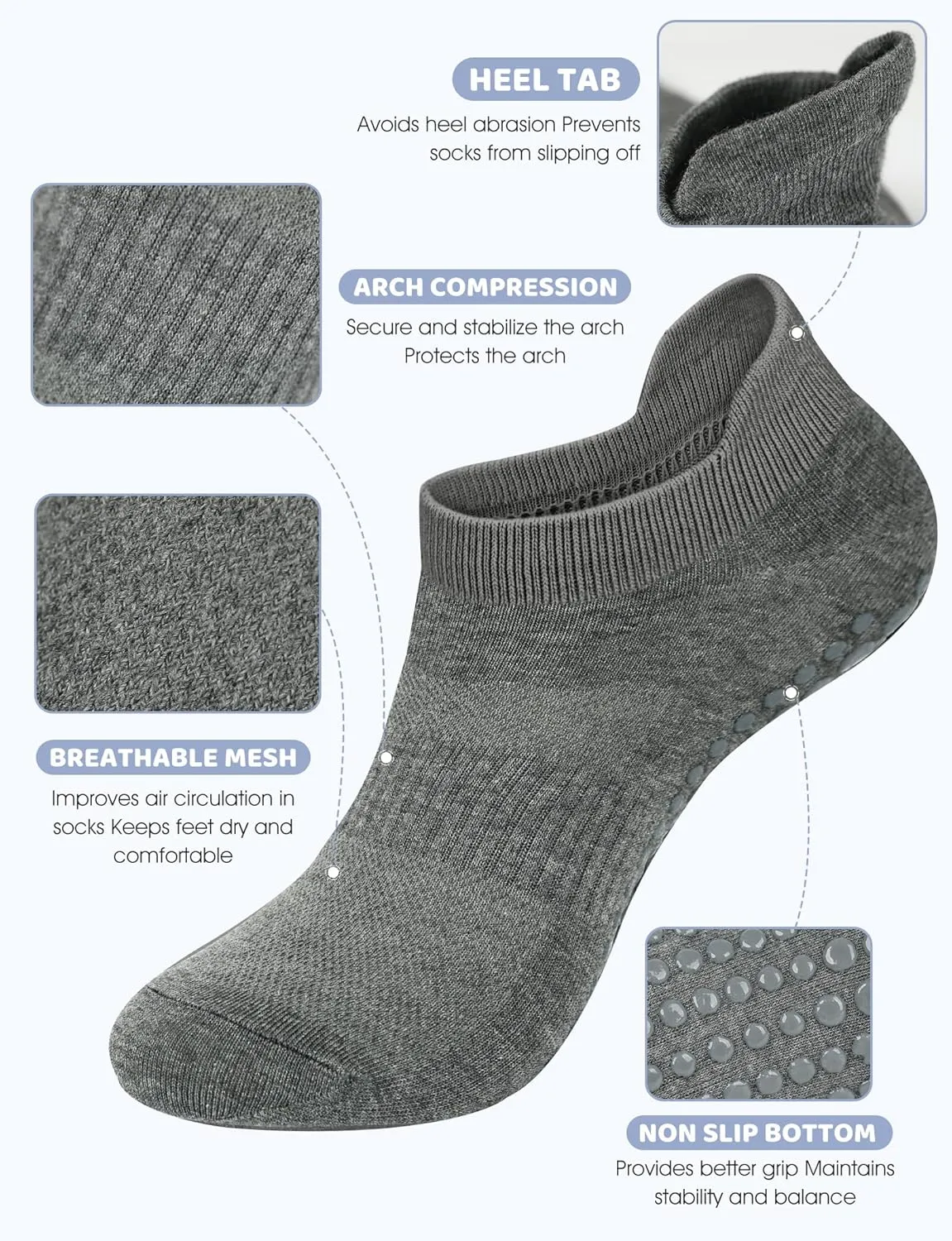 AURUZA Grip Socks for Women Men Pilates Grip Socks Non Slip Yoga Sock with Grips for Barre Barefoot Hospital Grippy Sock