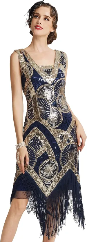 BABEYOND 1920s Flapper Dress Long Fringe Gatsby Dress Roaring 20s Sequin Beaded Dress