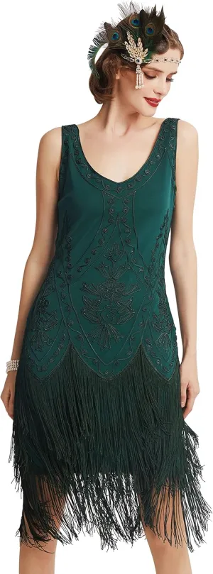 BABEYOND 1920s Flapper Dress Roaring 20s Great Gatsby Costume Dress Fringed Embellished Dress