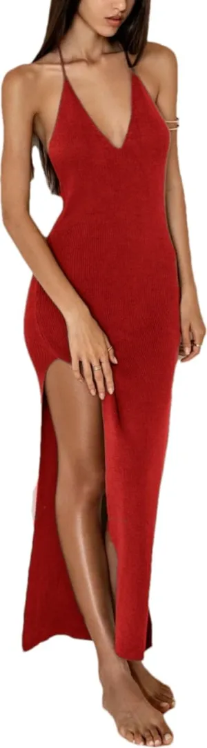 Backless Dress for Women Tie Waist Knit Maxi Dress Low Cut Neckline Split Dress Swim Cover Ups Strap Long Dress