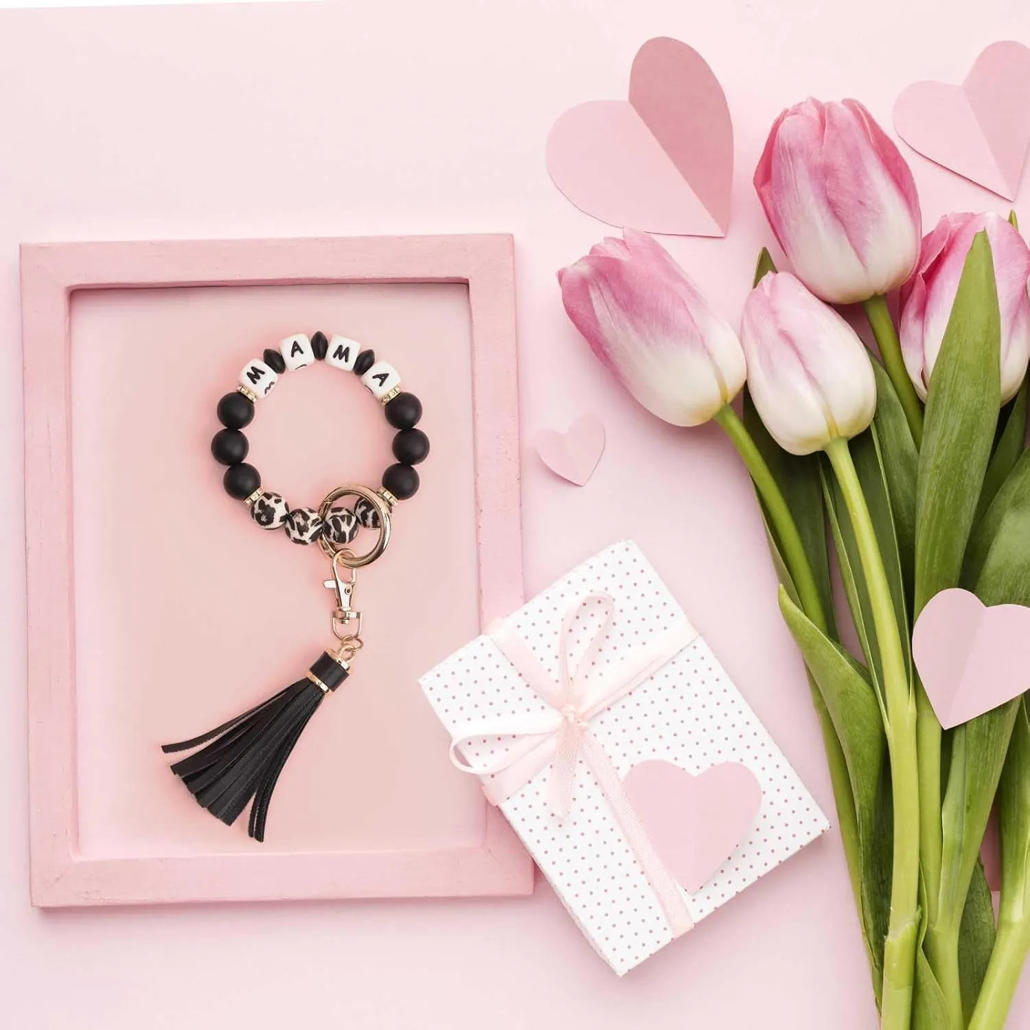 BAOSIWA Silicone Beaded Bracelet Keychain Wristlet Key Ring Bangle Chains for Women with Leather Tassel