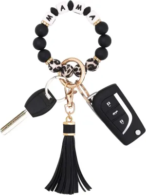BAOSIWA Silicone Beaded Bracelet Keychain Wristlet Key Ring Bangle Chains for Women with Leather Tassel