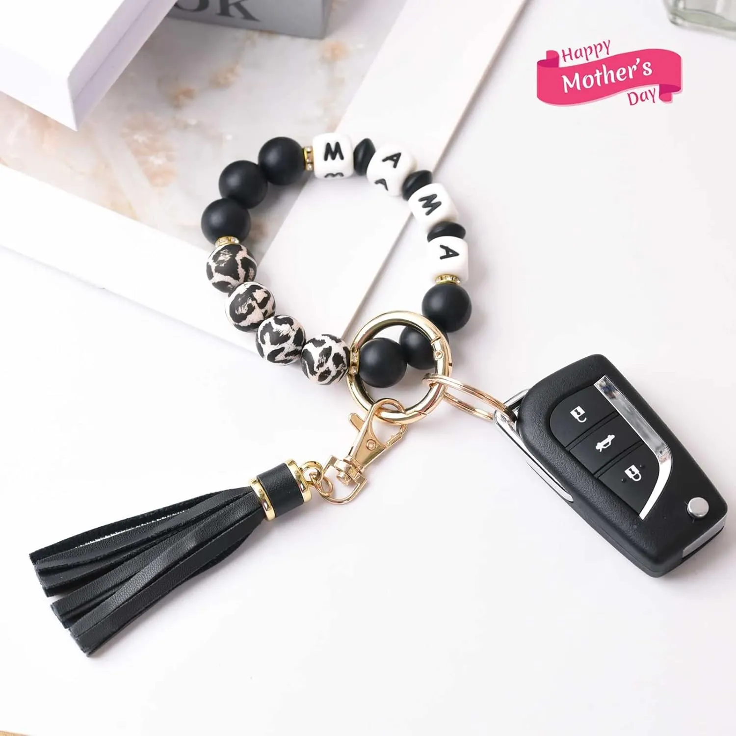 BAOSIWA Silicone Beaded Bracelet Keychain Wristlet Key Ring Bangle Chains for Women with Leather Tassel