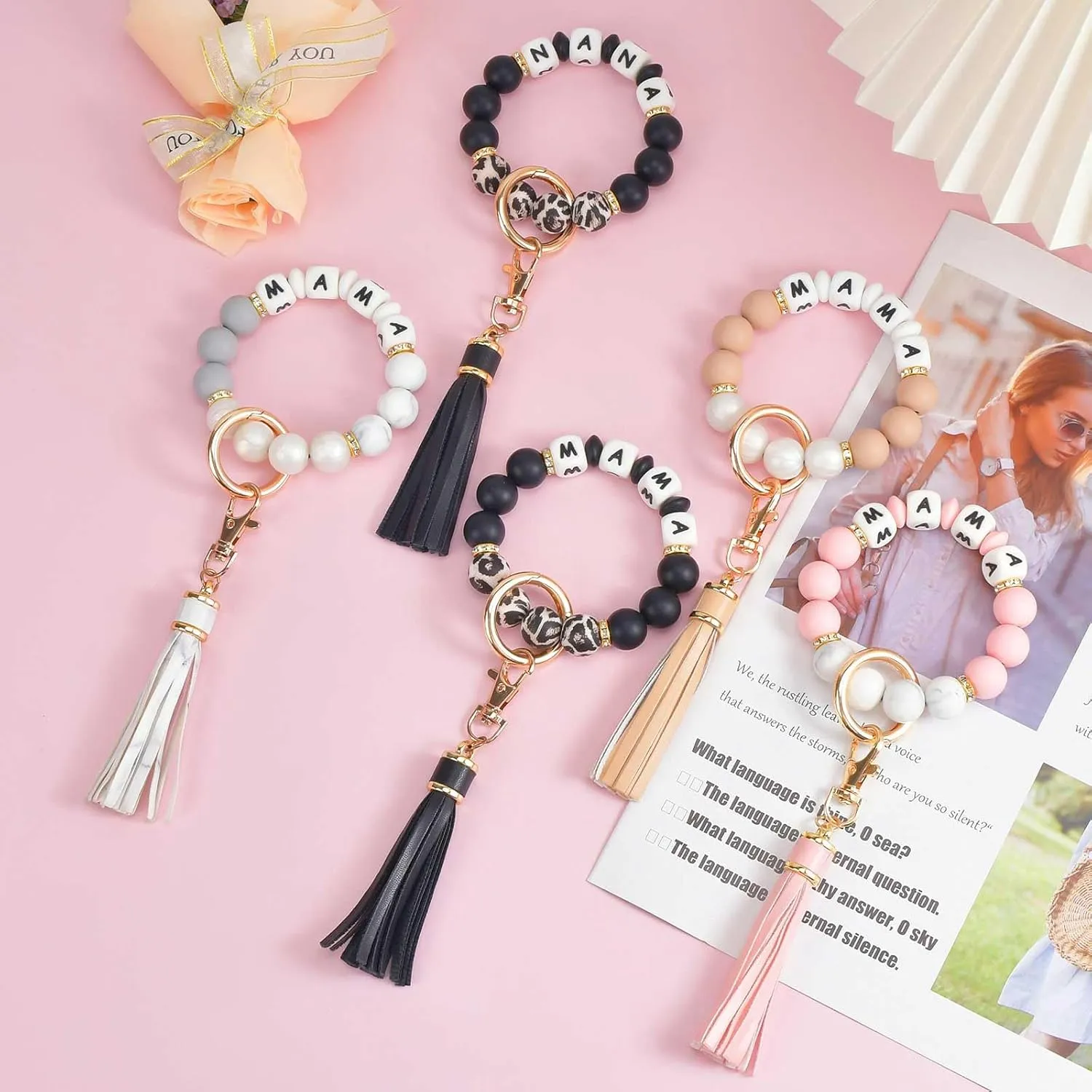 BAOSIWA Silicone Beaded Bracelet Keychain Wristlet Key Ring Bangle Chains for Women with Leather Tassel