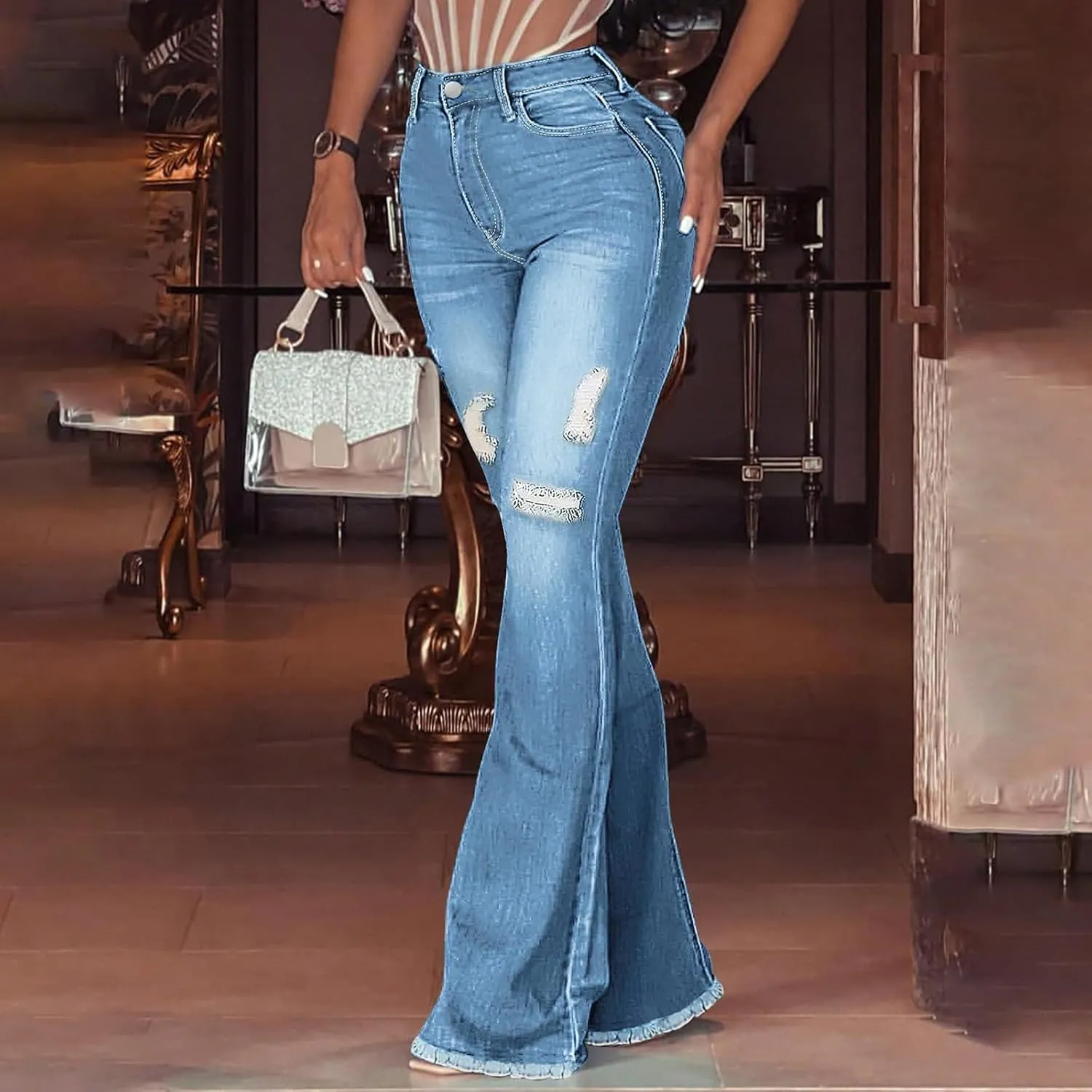 Bell Bottom Jeans for Women Bootcut Ripped High Waisted Flare Jeans Distressed Ladies Casual Pants Trousers 2025