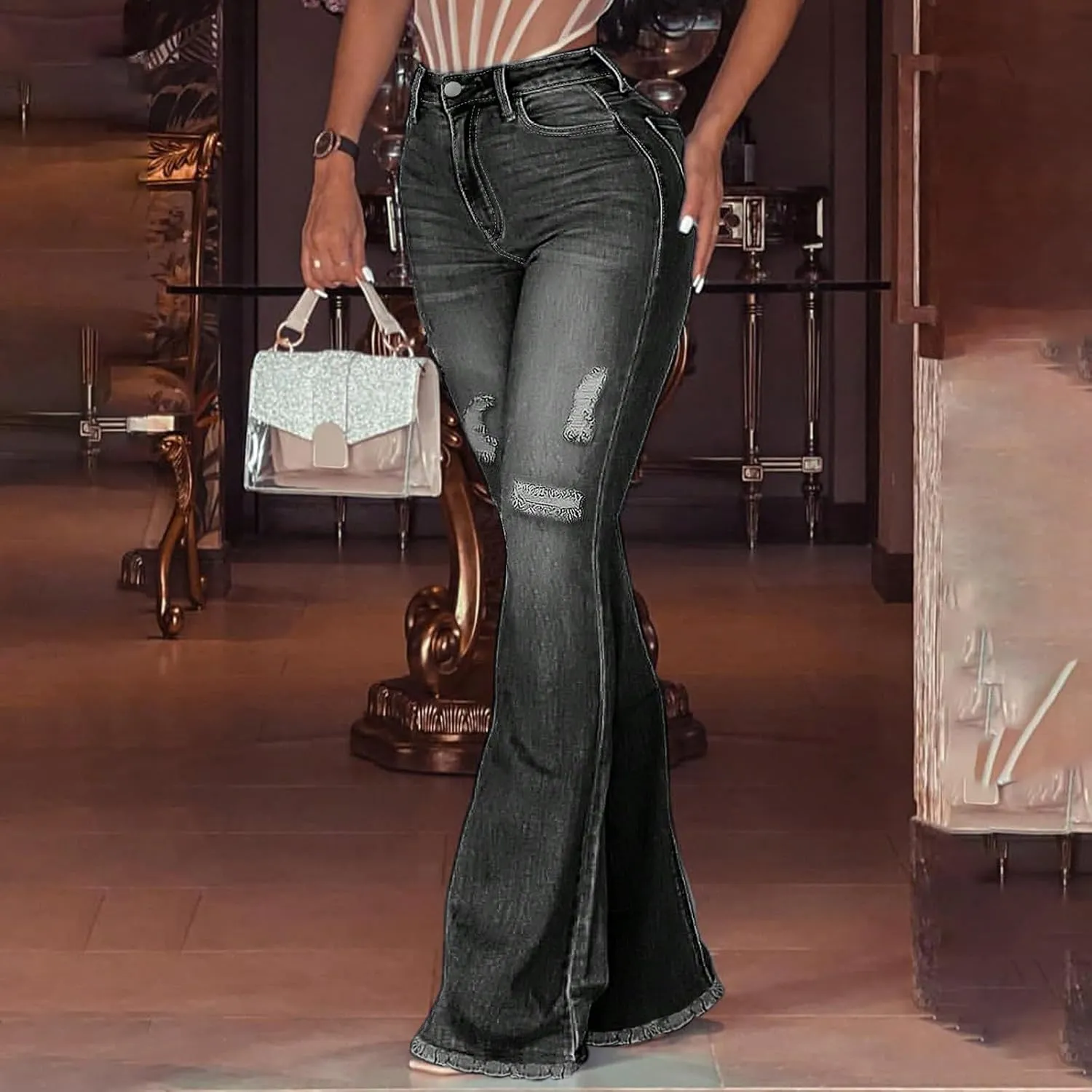 Bell Bottom Jeans for Women Bootcut Ripped High Waisted Flare Jeans Distressed Ladies Casual Pants Trousers 2025