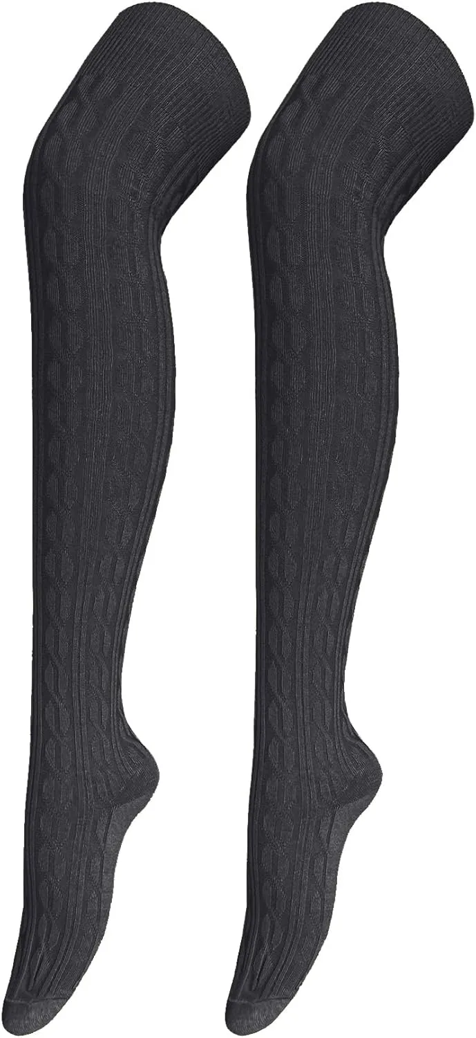 Bestjybt Women Cable Knit Thigh High Socks Cotton Warm Over the Knee Socks Knee High Boot Stockings Leg Warmers