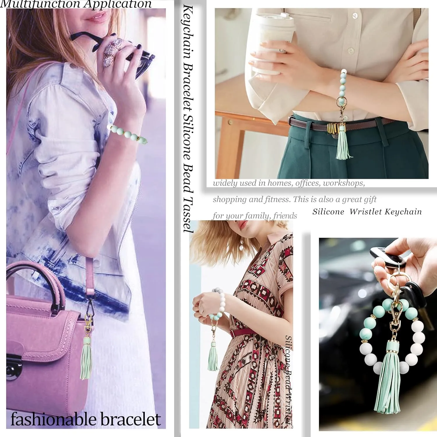 BIHRTC Key Ring Bracelet Car Keychain Holder Wristlet Silicone Women Beaded Bangle Chains