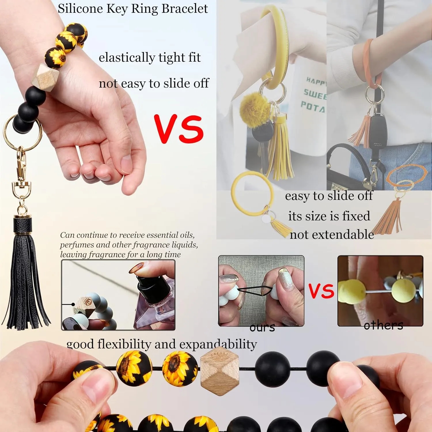 BIHRTC Key Ring Bracelet Car Keychain Holder Wristlet Silicone Women Beaded Bangle Chains