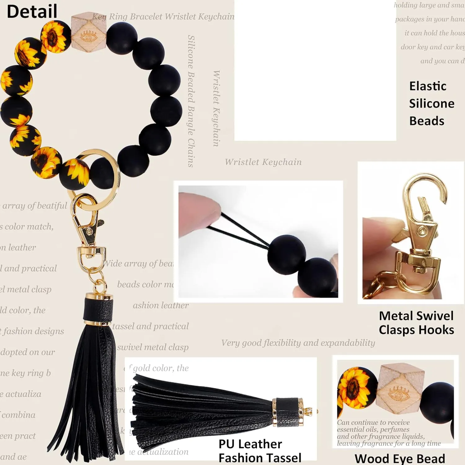 BIHRTC Key Ring Bracelet Car Keychain Holder Wristlet Silicone Women Beaded Bangle Chains