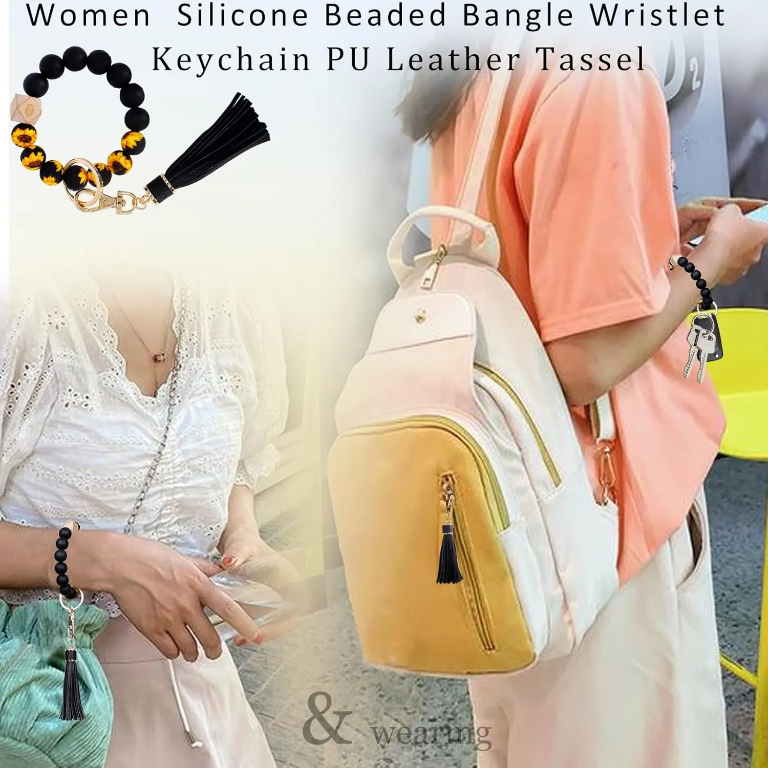 BIHRTC Key Ring Bracelet Car Keychain Holder Wristlet Silicone Women Beaded Bangle Chains