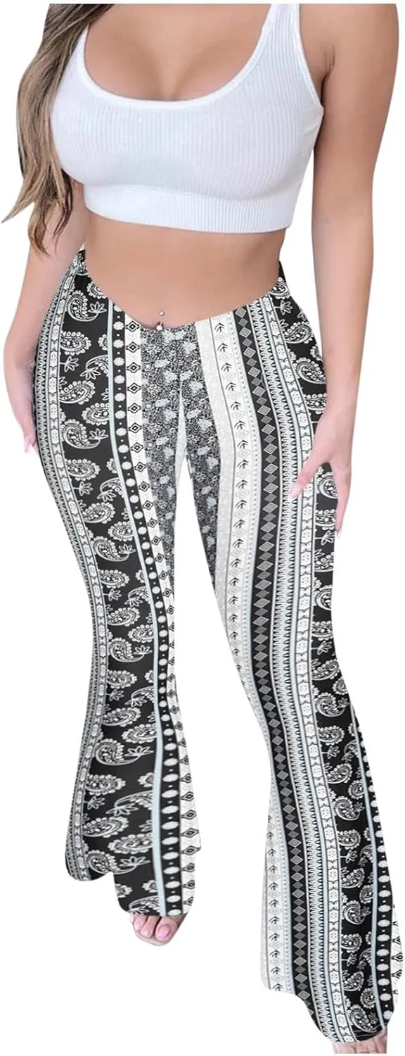 Boho Leggings for Women Flare High Waisted Stretchy Bell Bottom Trousers Tummy Control Hippie Yoga Leggings